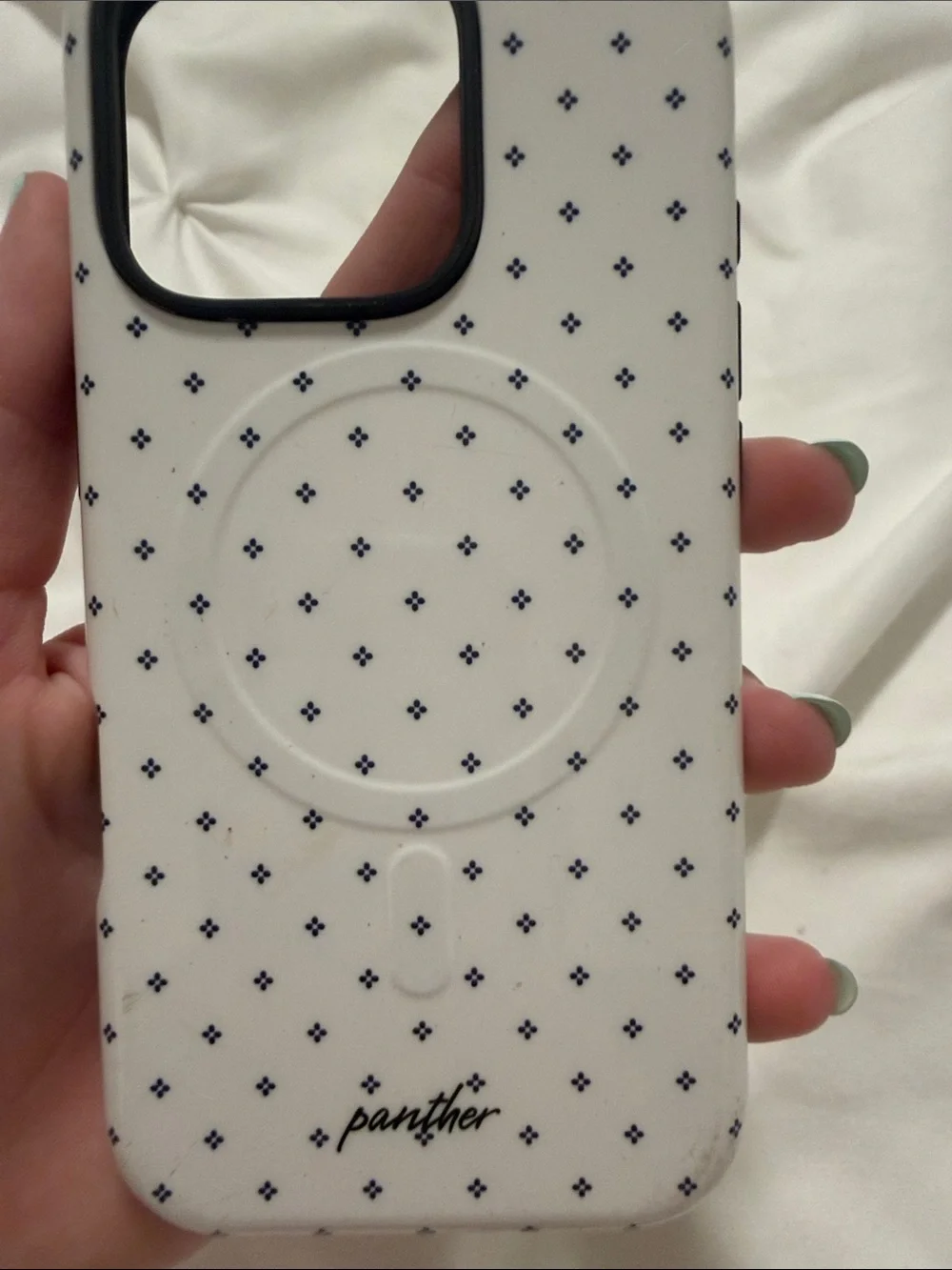 White Phone Case with Navy Dot Pattern magsafe